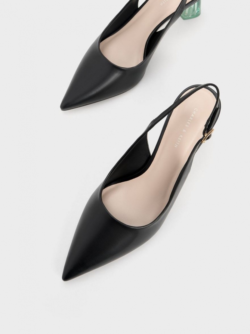 Charles & Keith See-Through Trapeze Heel Slingback Pumps Svarte | PMKLW4356