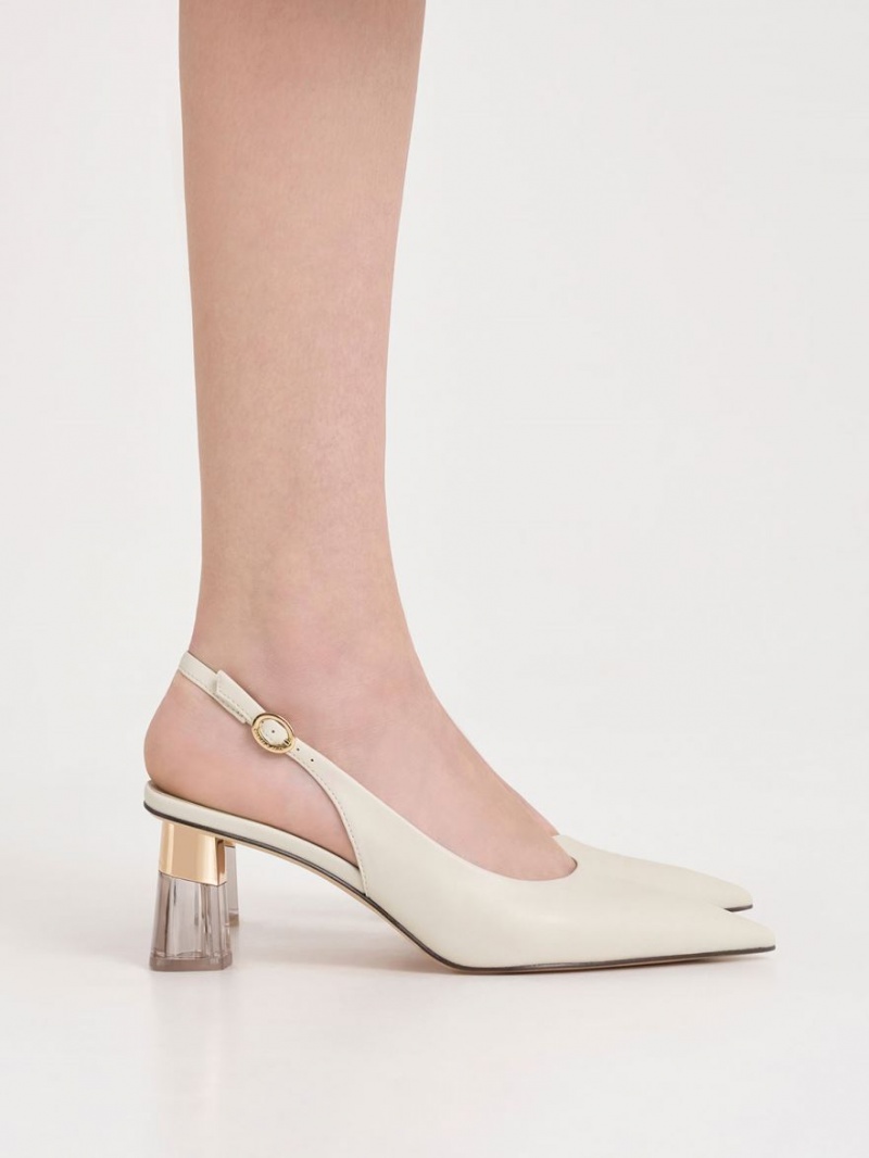 Charles & Keith See-Through Trapeze Heel Slingback Pumps Hvite | THQVY7381