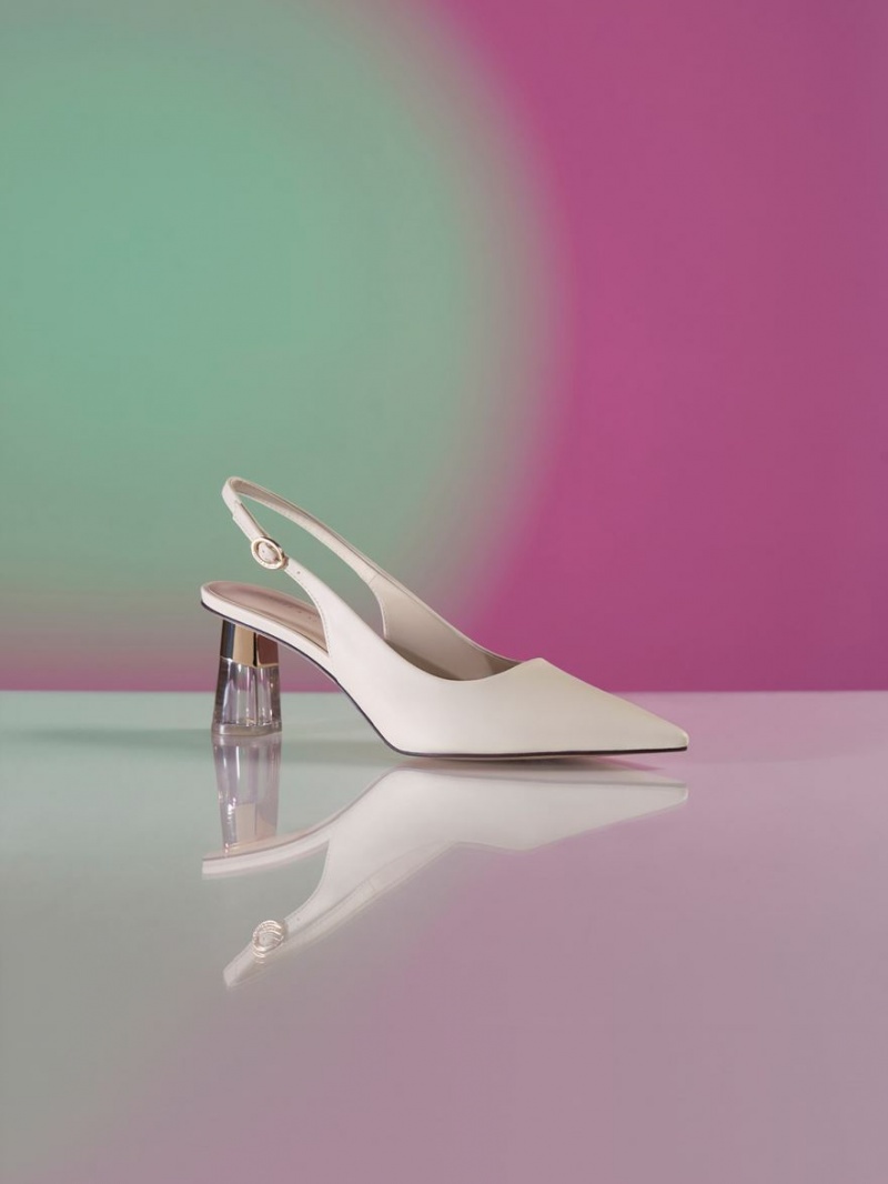 Charles & Keith See-Through Trapeze Heel Slingback Pumps Hvite | THQVY7381