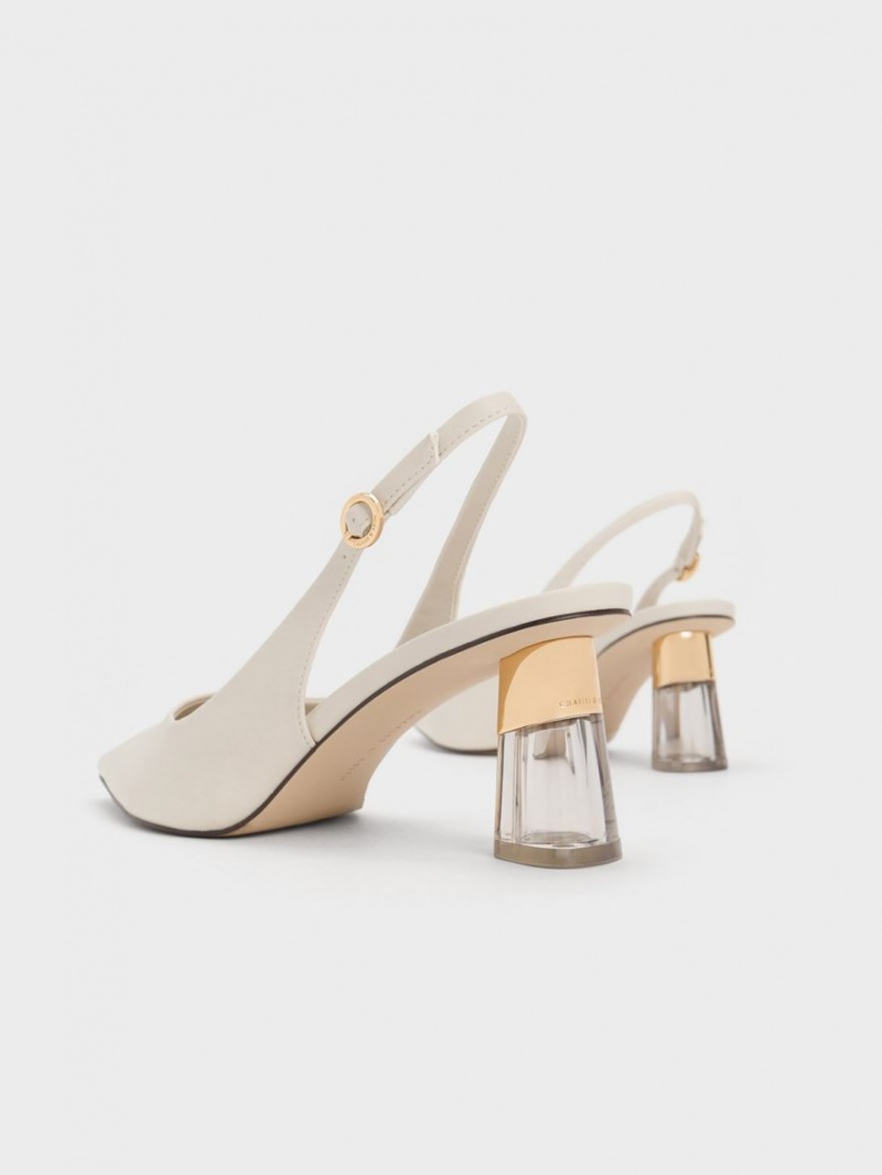 Charles & Keith See-Through Trapeze Heel Slingback Pumps Hvite | THQVY7381