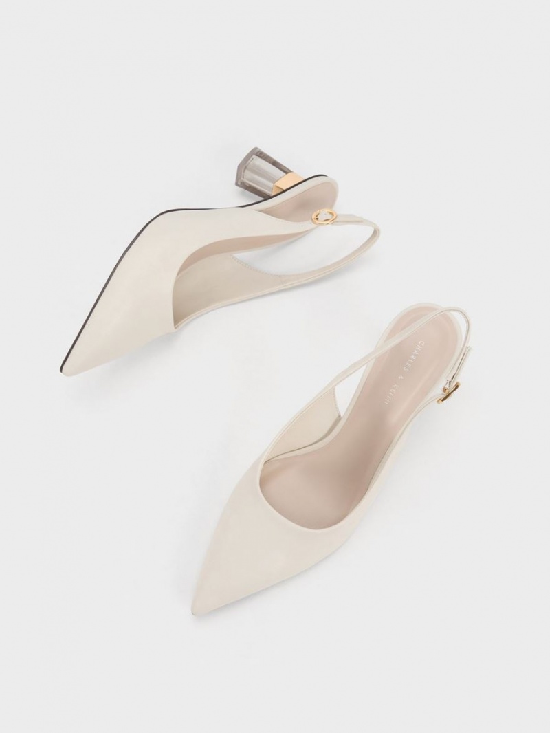 Charles & Keith See-Through Trapeze Heel Slingback Pumps Hvite | THQVY7381