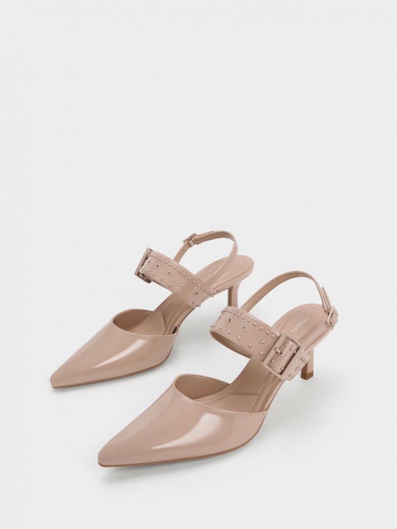 Charles & Keith Sepphe Grommet Patent Slingback Pumps Beige | HQCES7419