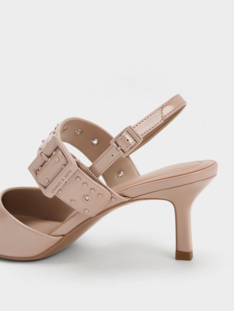 Charles & Keith Sepphe Grommet Patent Slingback Pumps Beige | HQCES7419