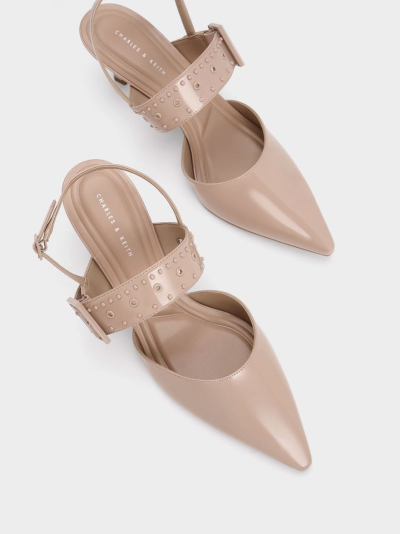 Charles & Keith Sepphe Grommet Patent Slingback Pumps Beige | HQCES7419