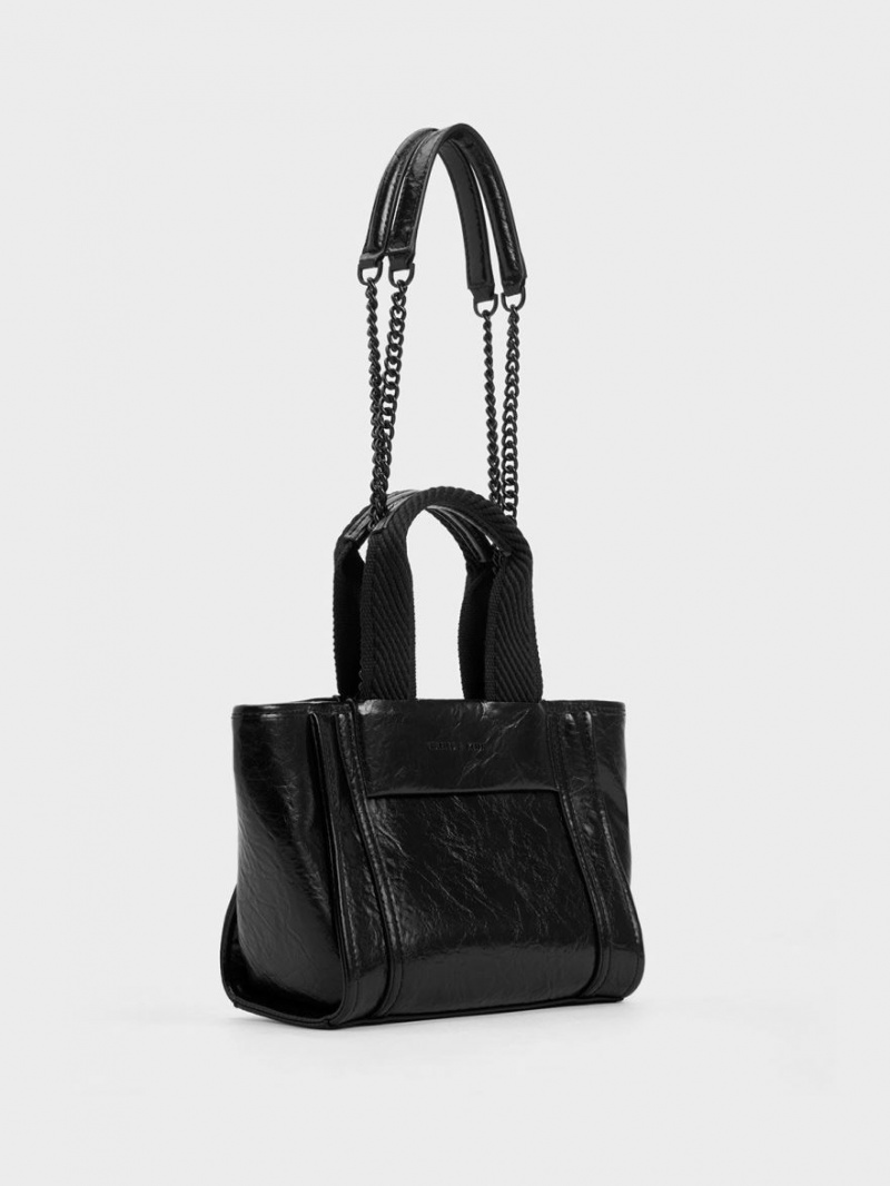 Charles & Keith Shalia Crinkle-Effect Chain-Handle Tote Veske Svarte | YDWPE2756