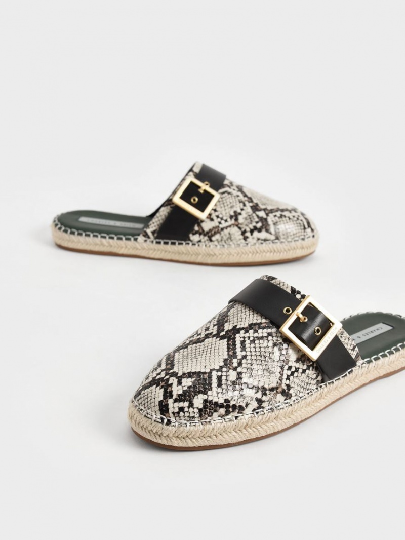 Charles & Keith Snake-Print Buckled Espadrille Mules Sko Beige | GAZXL9285