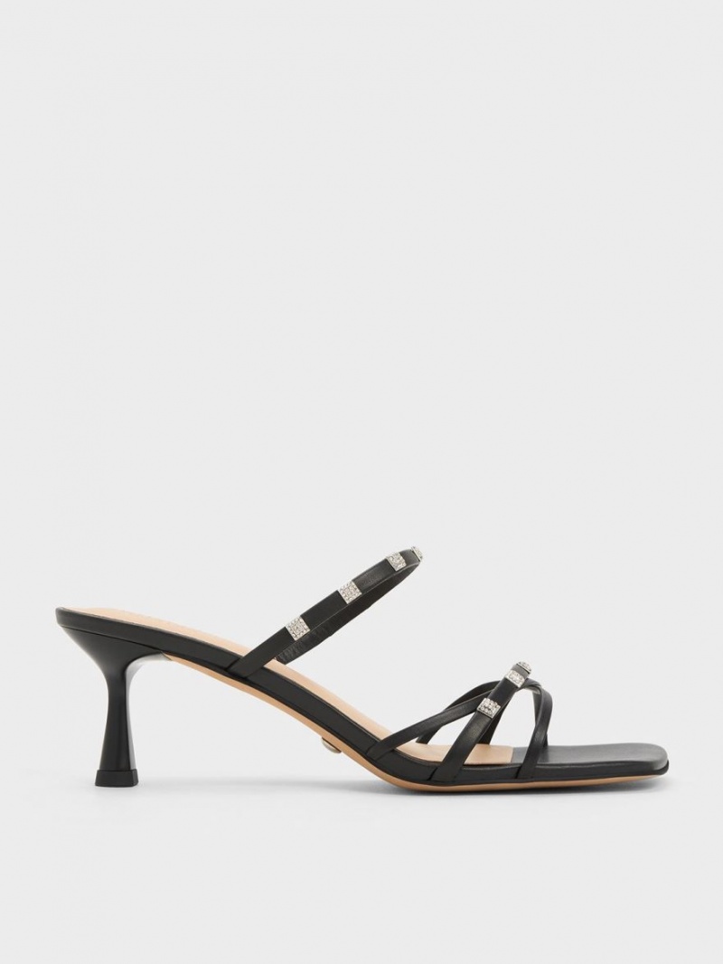 Charles & Keith Square Crystal-Embellished Lær Hælene Mules Sko Svarte | RFKGP2694