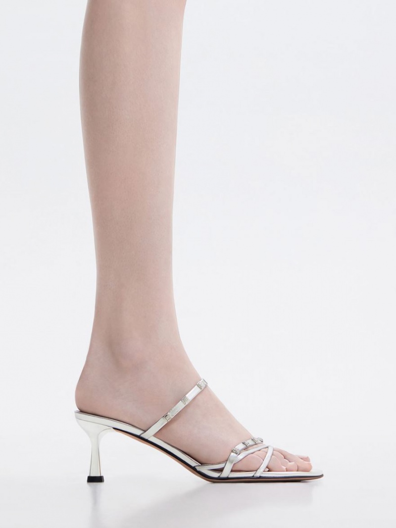 Charles & Keith Square Crystal-Embellished Metallic Lær Hælene Mules Sko Sølv | IQNVJ8021