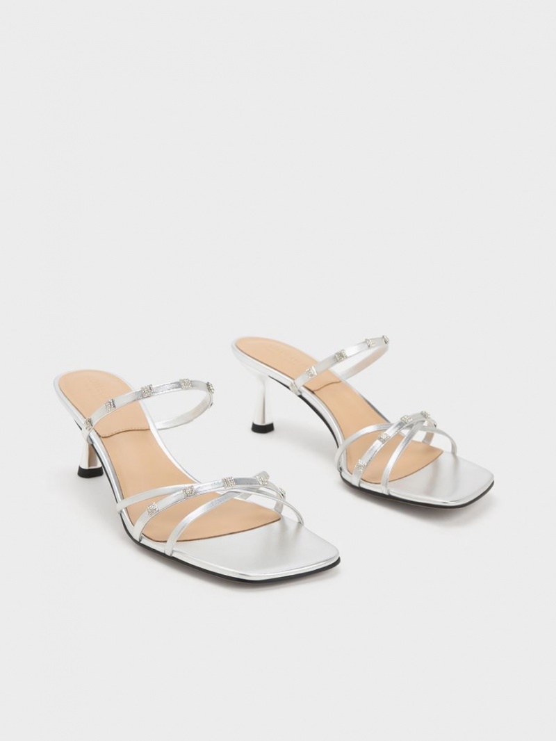 Charles & Keith Square Crystal-Embellished Metallic Lær Hælene Mules Sko Sølv | IQNVJ8021