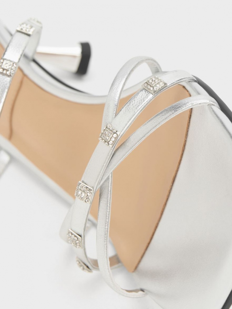 Charles & Keith Square Crystal-Embellished Metallic Lær Hælene Mules Sko Sølv | IQNVJ8021