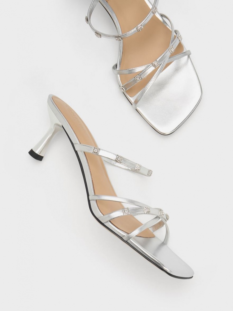 Charles & Keith Square Crystal-Embellished Metallic Lær Hælene Mules Sko Sølv | IQNVJ8021