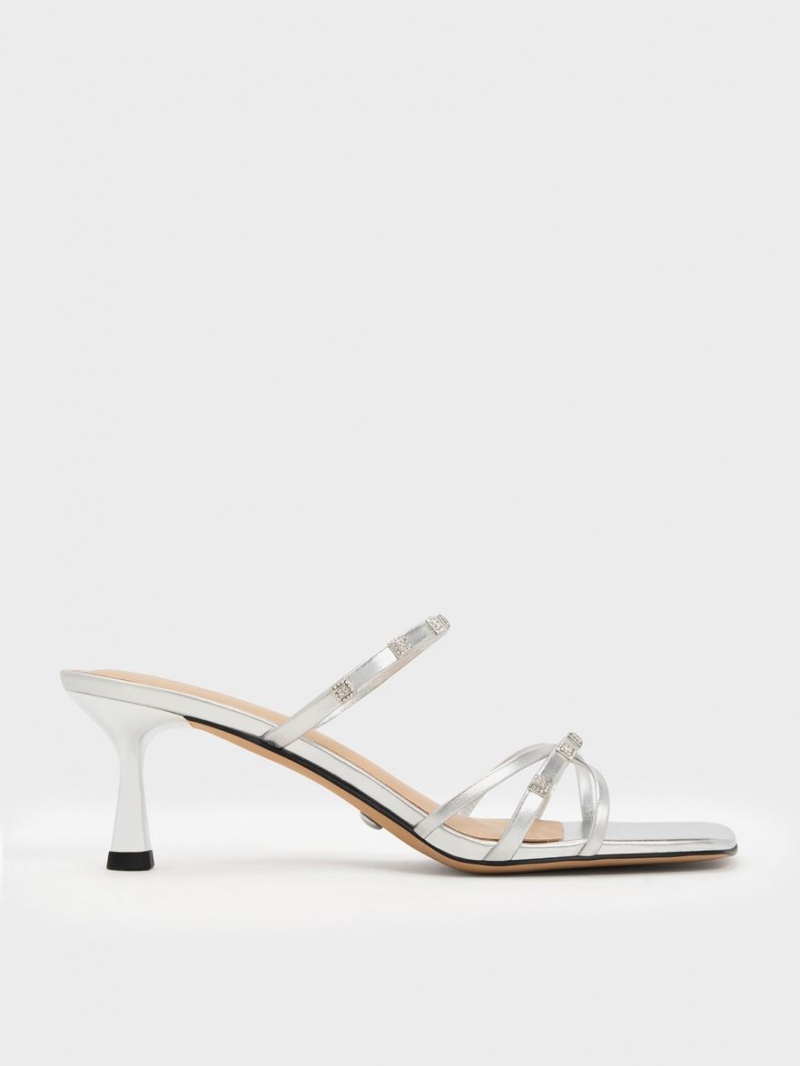 Charles & Keith Square Crystal-Embellished Metallic Lær Hælene Mules Sko Sølv | IQNVJ8021