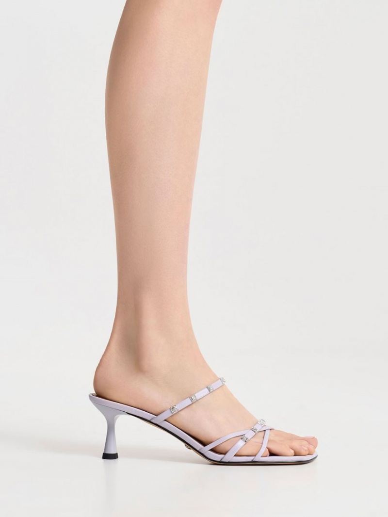 Charles & Keith Square Crystal-Embellished Metallic Lær Hælene Mules Sko Lilla | ICVKR4689