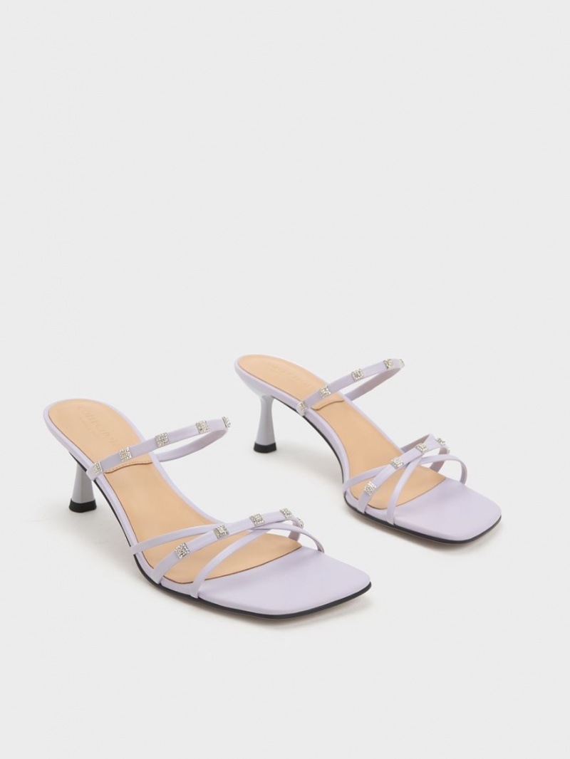 Charles & Keith Square Crystal-Embellished Metallic Lær Hælene Mules Sko Lilla | ICVKR4689