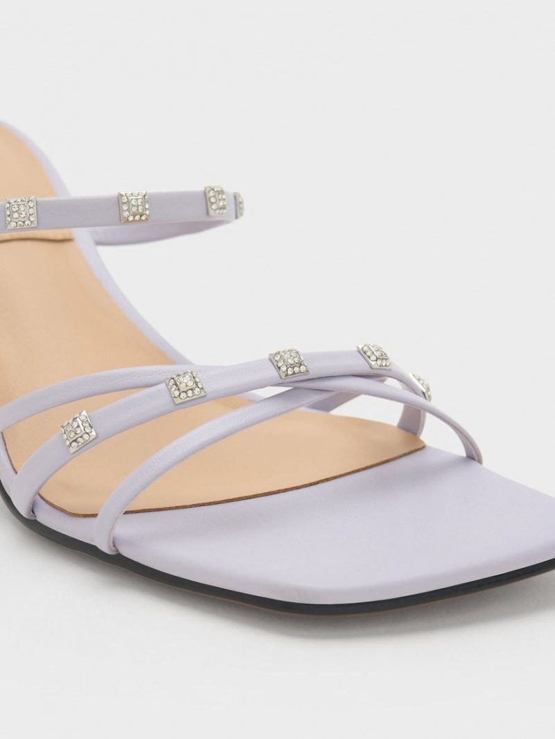 Charles & Keith Square Crystal-Embellished Metallic Lær Hælene Mules Sko Lilla | ICVKR4689