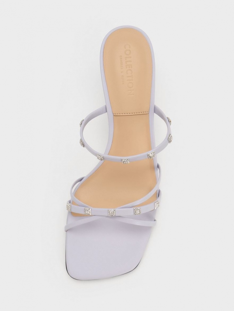 Charles & Keith Square Crystal-Embellished Metallic Lær Hælene Mules Sko Lilla | ICVKR4689