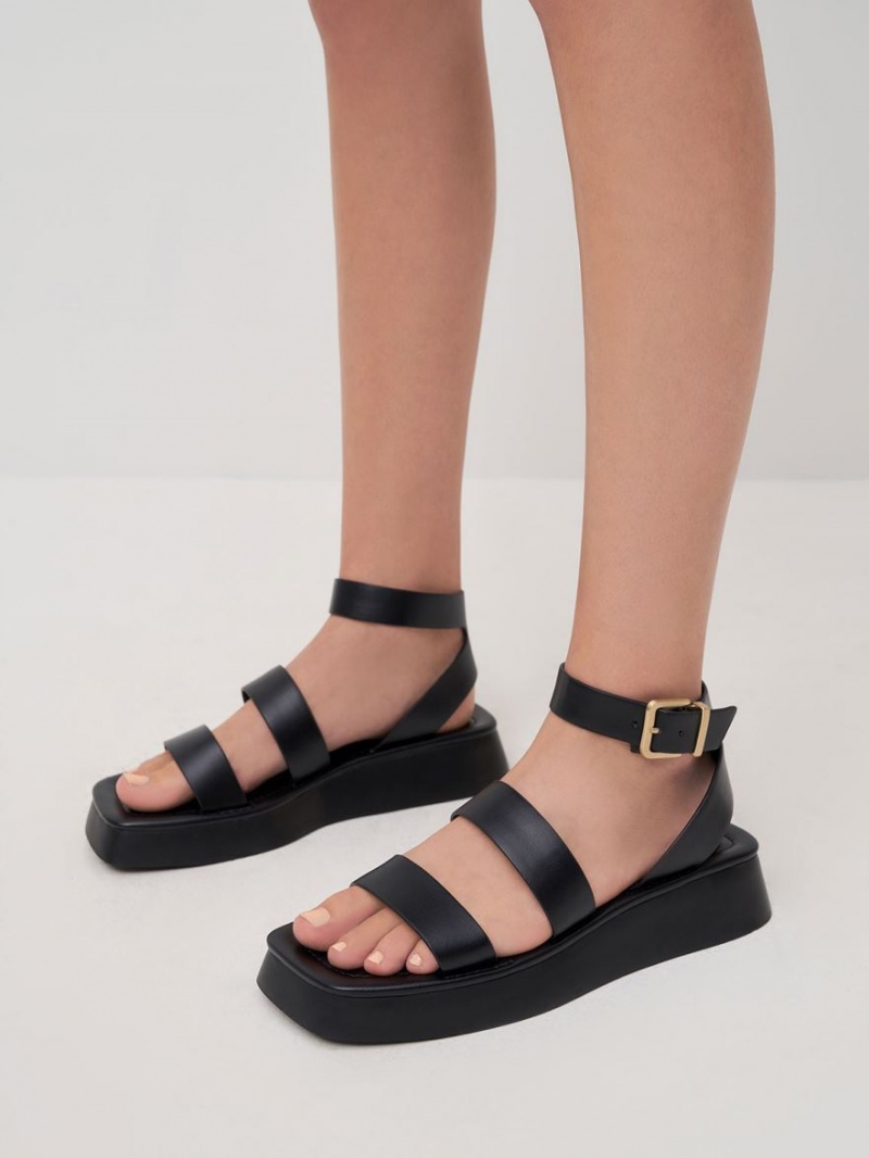 Charles & Keith Square Tå Ankle Sandaler Med Reim Svarte | SFNRZ9730