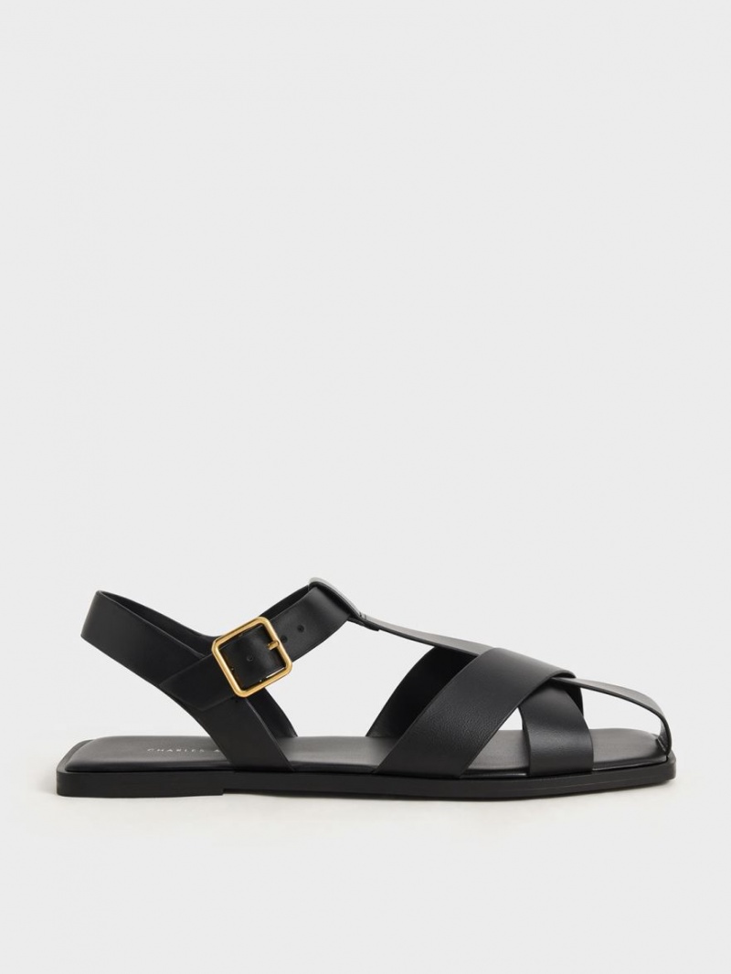 Charles & Keith Strappy Crossover Flate Sandaler Svarte | VGTEI0529