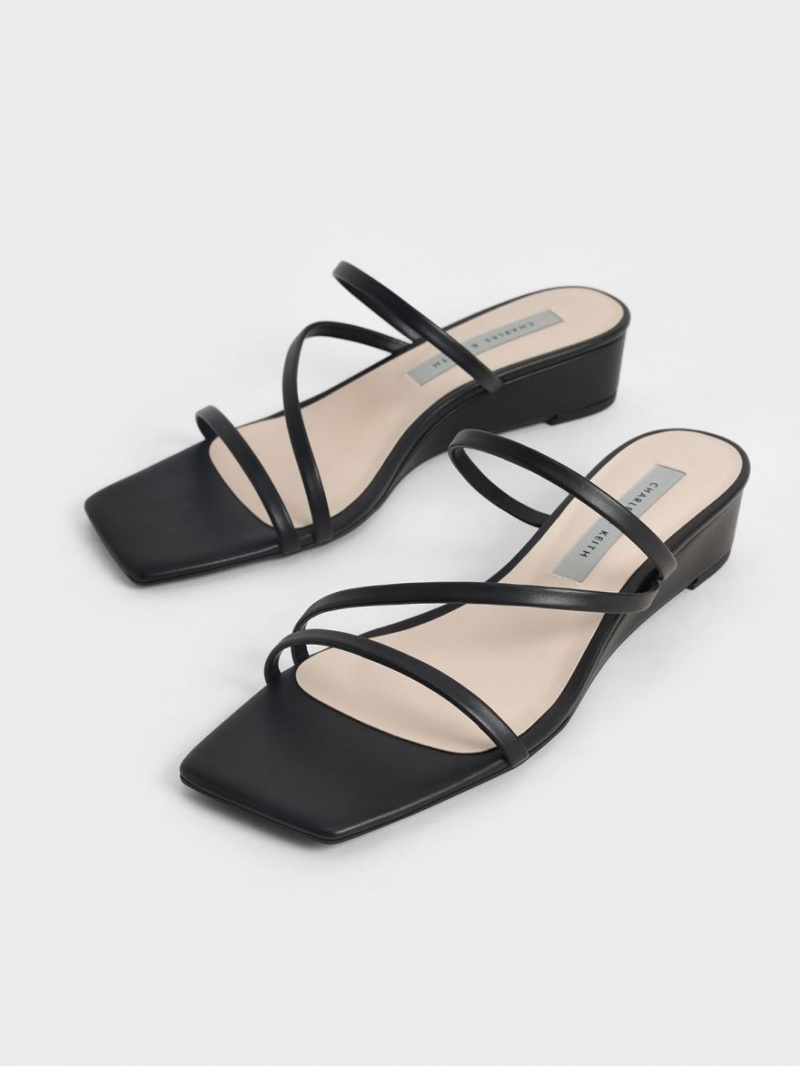 Charles & Keith Strappy Wedge Mules Sko Svarte | FRVTD6825