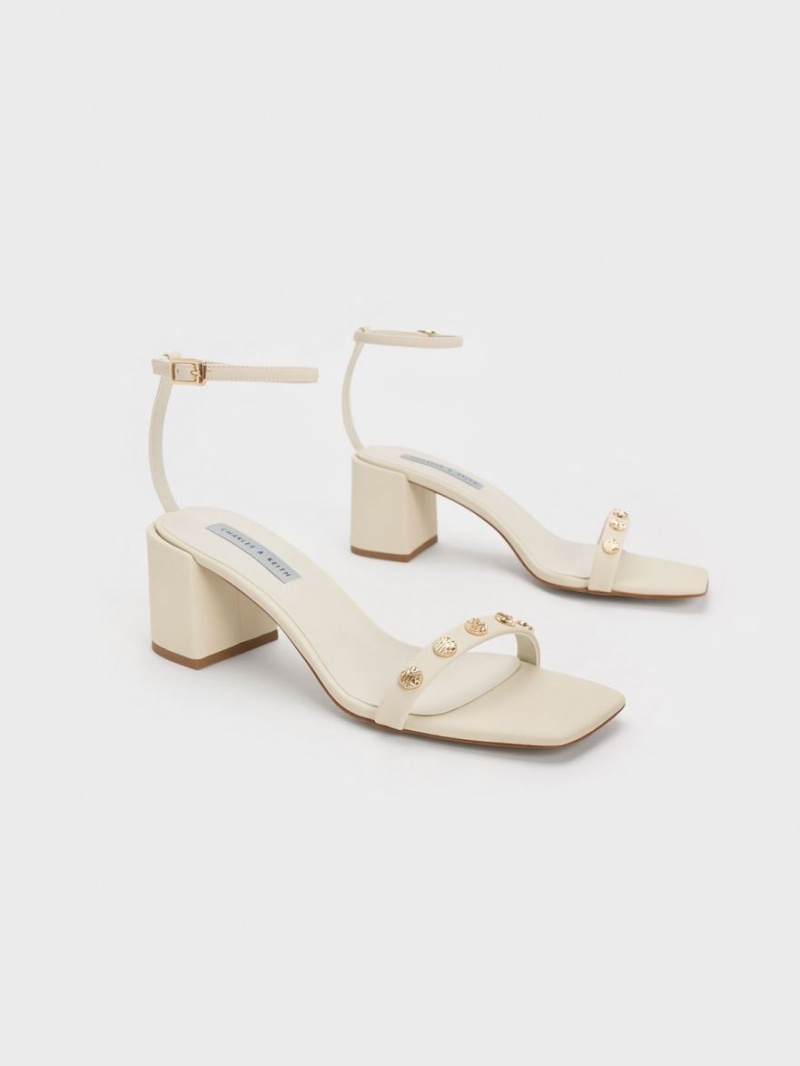 Charles & Keith Studded Ankle-Reima Sandaler med Hæl Pisket Krem | BPJYD1274