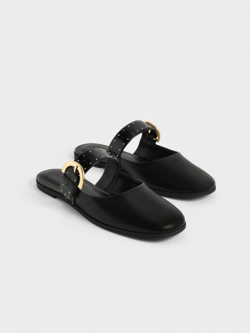 Charles & Keith Studded Buckled Flate Mules Sko Svarte | QZNRM2816