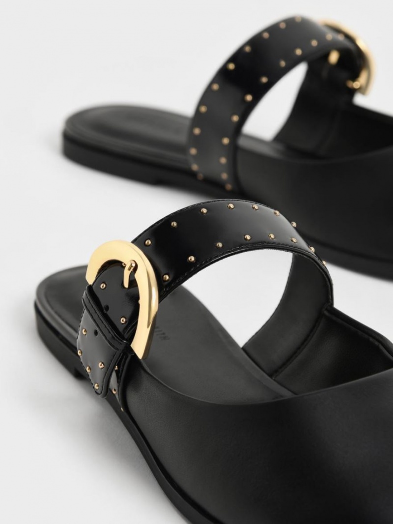 Charles & Keith Studded Buckled Flate Mules Sko Svarte | QZNRM2816