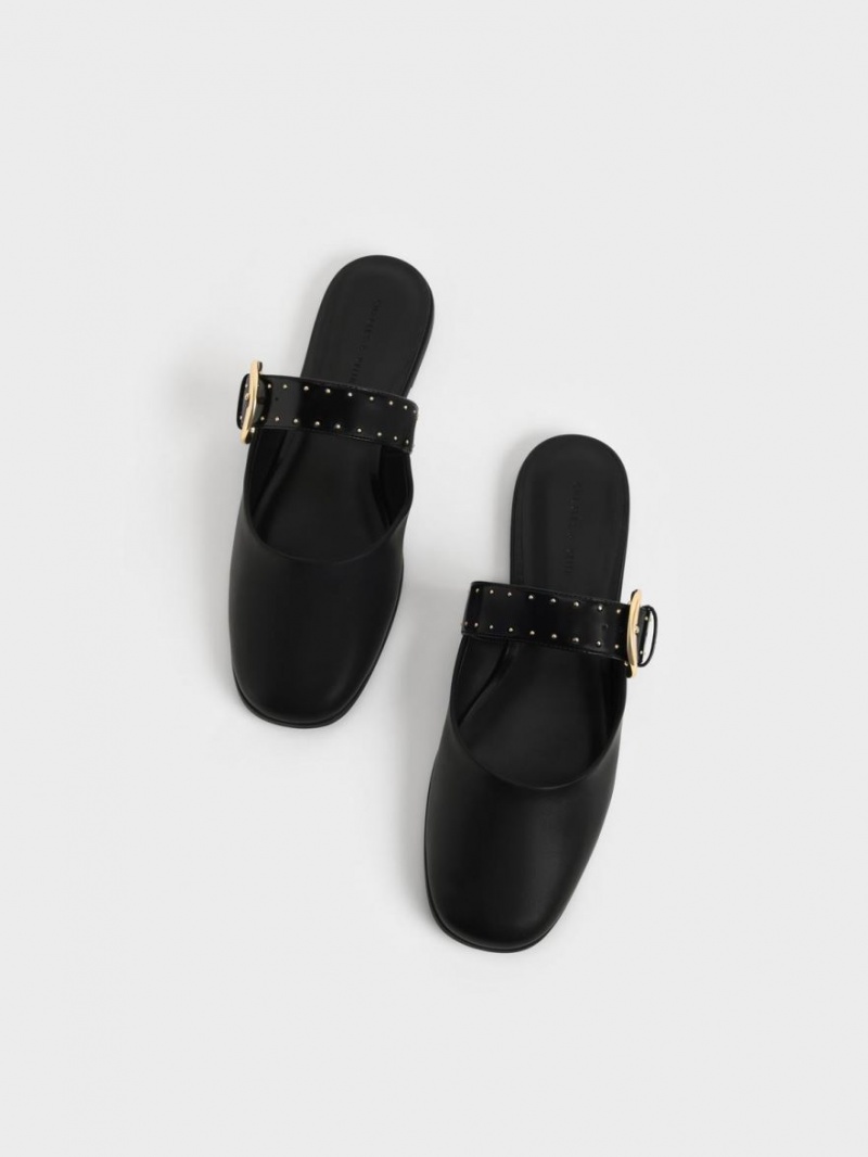 Charles & Keith Studded Buckled Flate Mules Sko Svarte | QZNRM2816