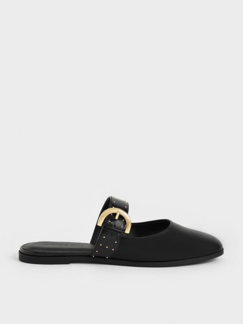 Charles & Keith Studded Buckled Flate Mules Sko Svarte | QZNRM2816