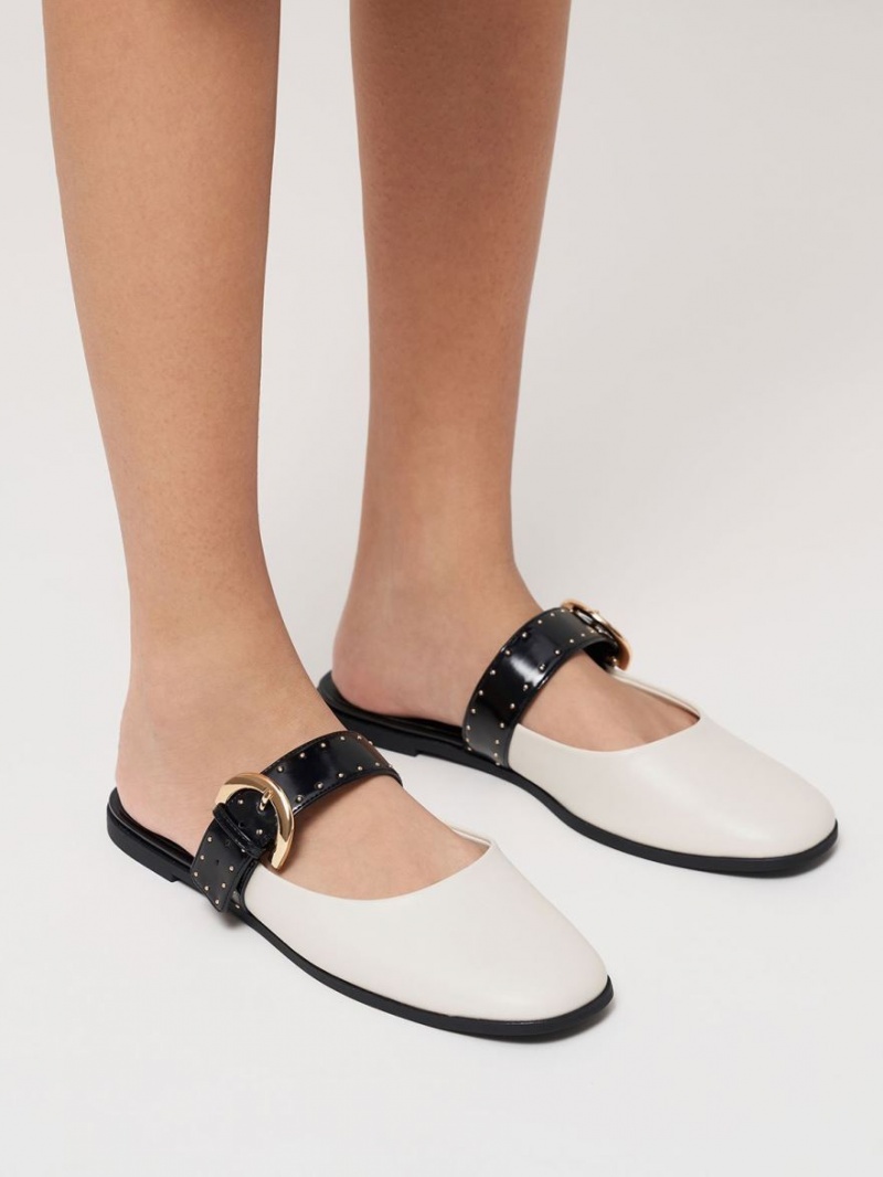 Charles & Keith Studded Buckled Flate Mules Sko Hvite | YUKNR4952