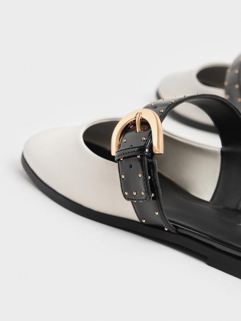 Charles & Keith Studded Buckled Flate Mules Sko Hvite | YUKNR4952