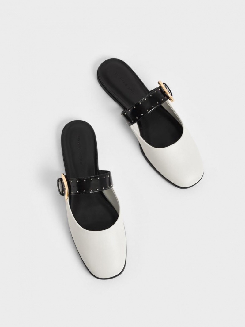 Charles & Keith Studded Buckled Flate Mules Sko Hvite | YUKNR4952