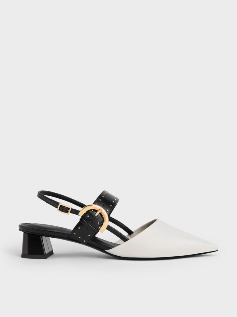 Charles & Keith Studded Buckled Slingback Pumps Hvite | CXYGO9385