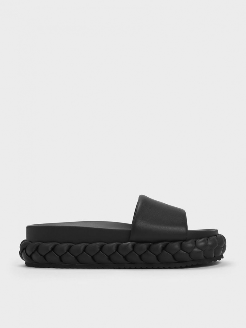 Charles & Keith Tali Lær Braided Badesandaler Svarte | SKINU4051