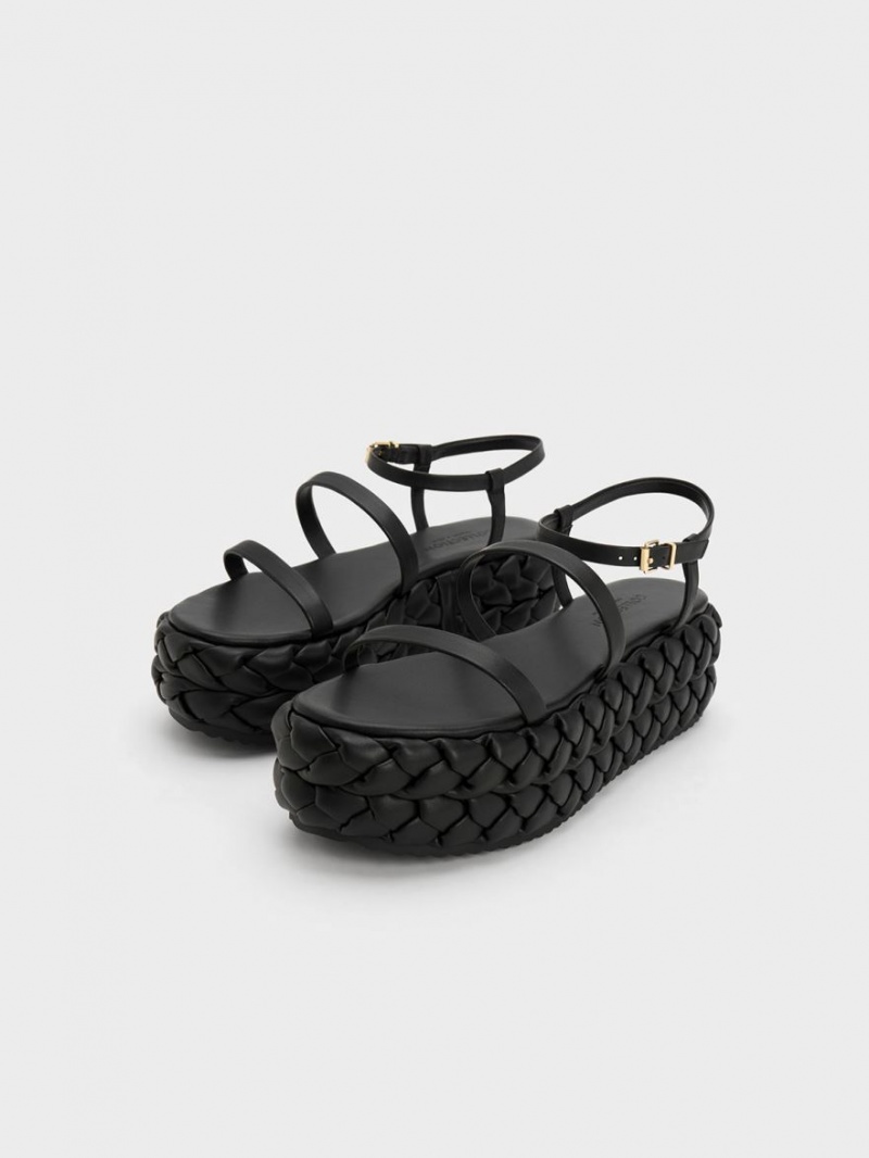 Charles & Keith Tali Lær Braided Platåsandaler Svarte | THMWB5063