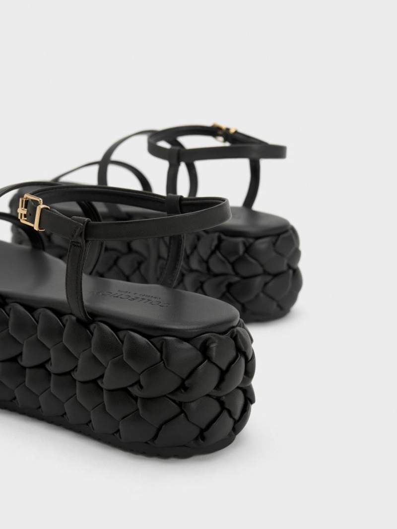 Charles & Keith Tali Lær Braided Platåsandaler Svarte | THMWB5063