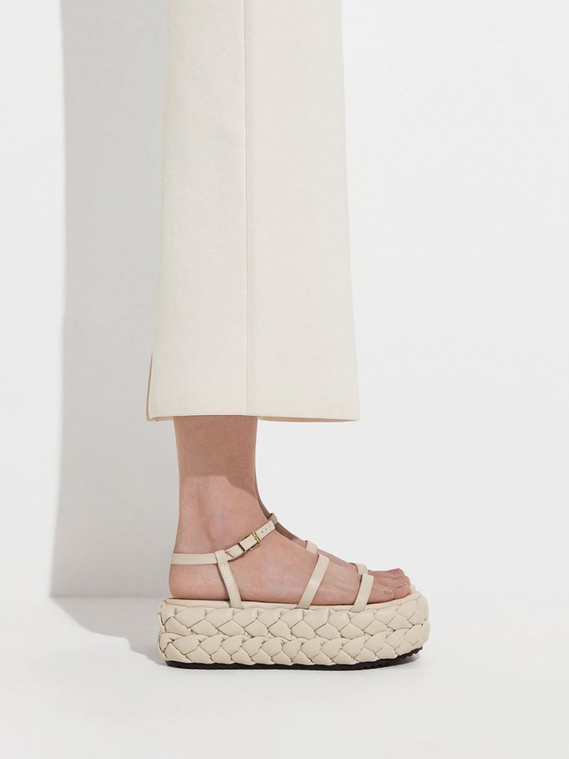 Charles & Keith Tali Lær Braided Platåsandaler Hvite | IGQBL0619