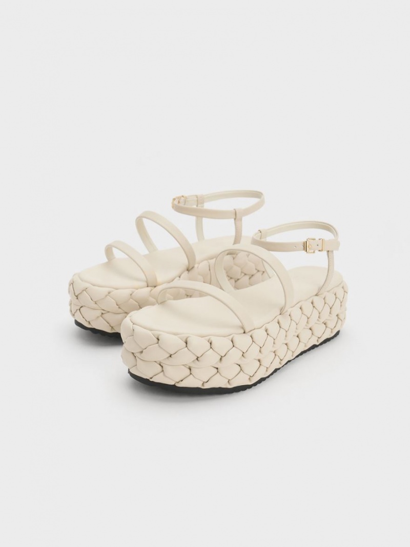 Charles & Keith Tali Lær Braided Platåsandaler Hvite | IGQBL0619