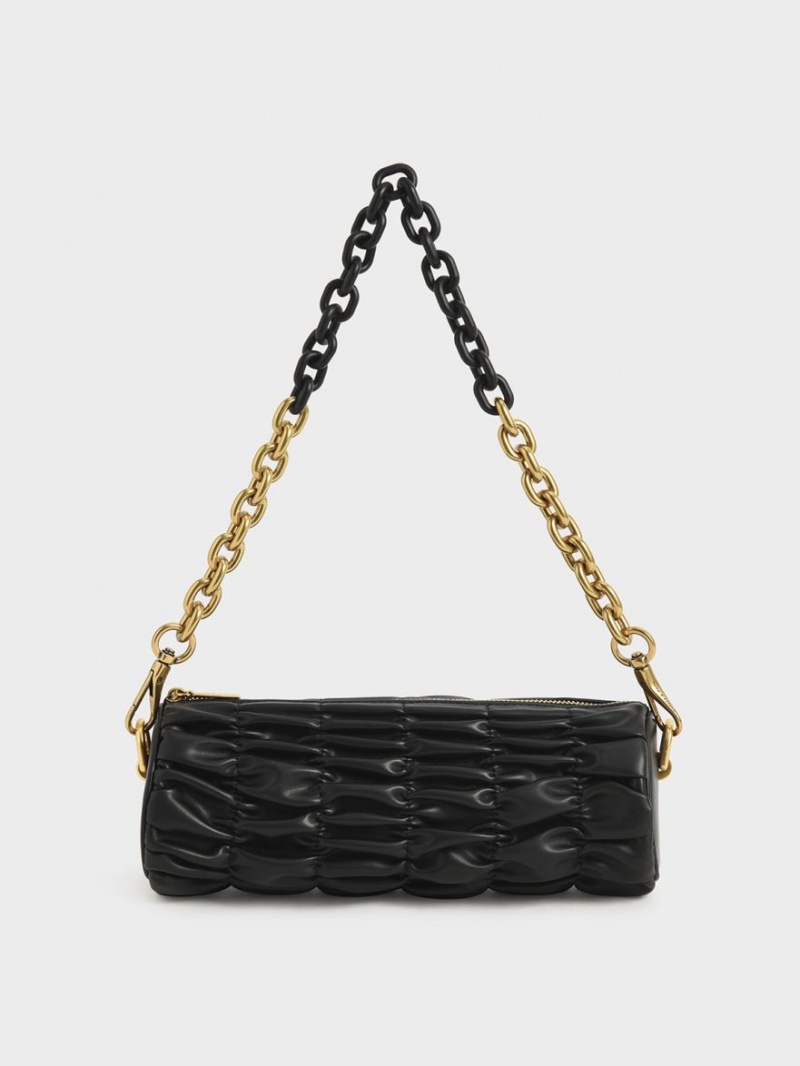 Charles & Keith Tallulah Ruched Chain-Handle Skulderveske Svarte | NJQRT8613