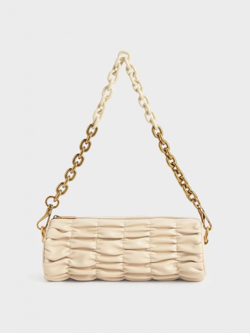 Charles & Keith Tallulah Ruched Chain-Handle Skulderveske Beige | MKVAE3960