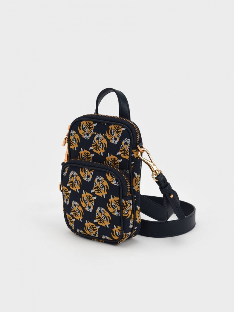 Charles & Keith Tiger Print Jacquard Long Crossbody Veske Marineblå | XFMUP3149