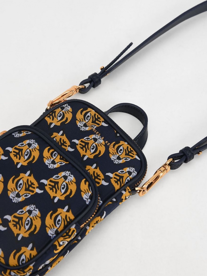 Charles & Keith Tiger Print Jacquard Long Crossbody Veske Marineblå | XFMUP3149