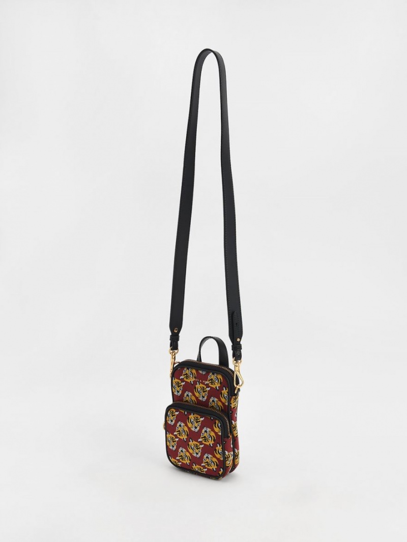 Charles & Keith Tiger Print Jacquard Long Crossbody Veske Rød | EBJCX7159