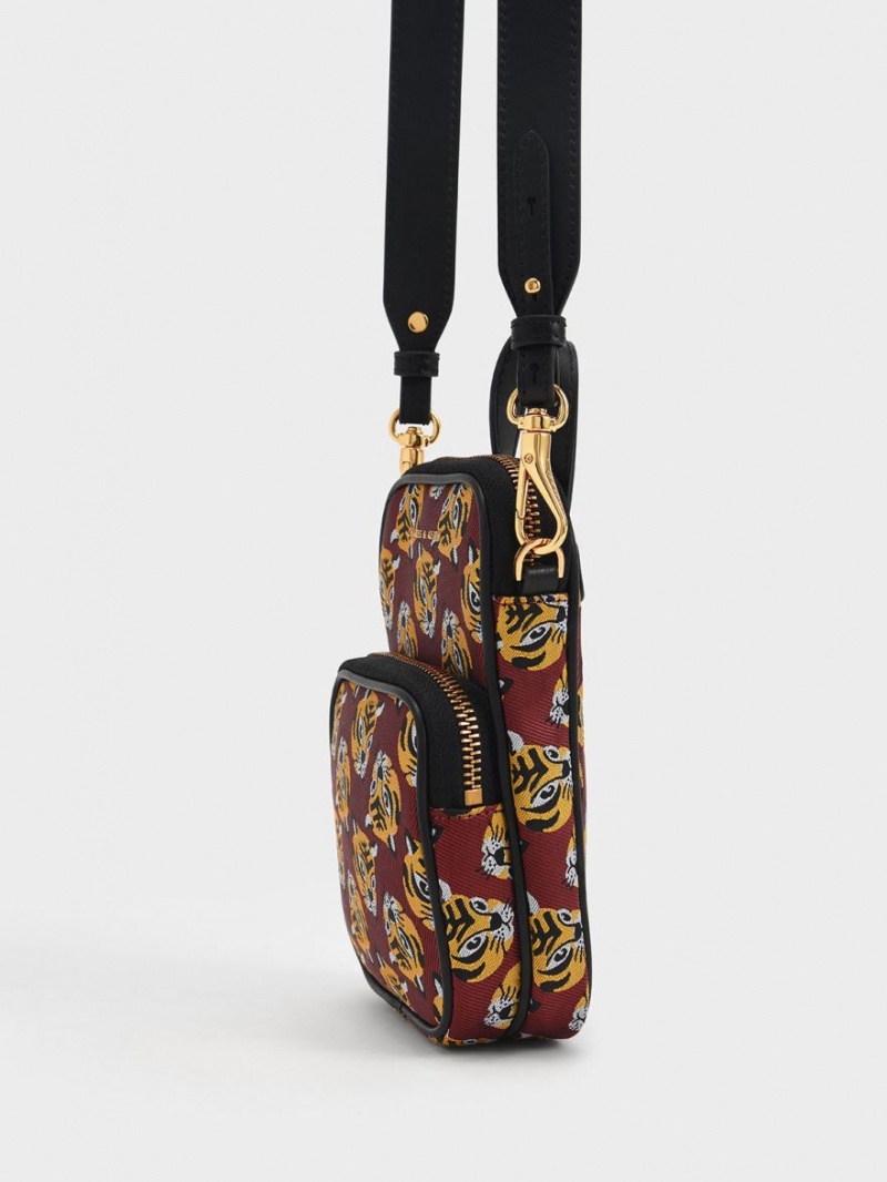 Charles & Keith Tiger Print Jacquard Long Crossbody Veske Rød | EBJCX7159