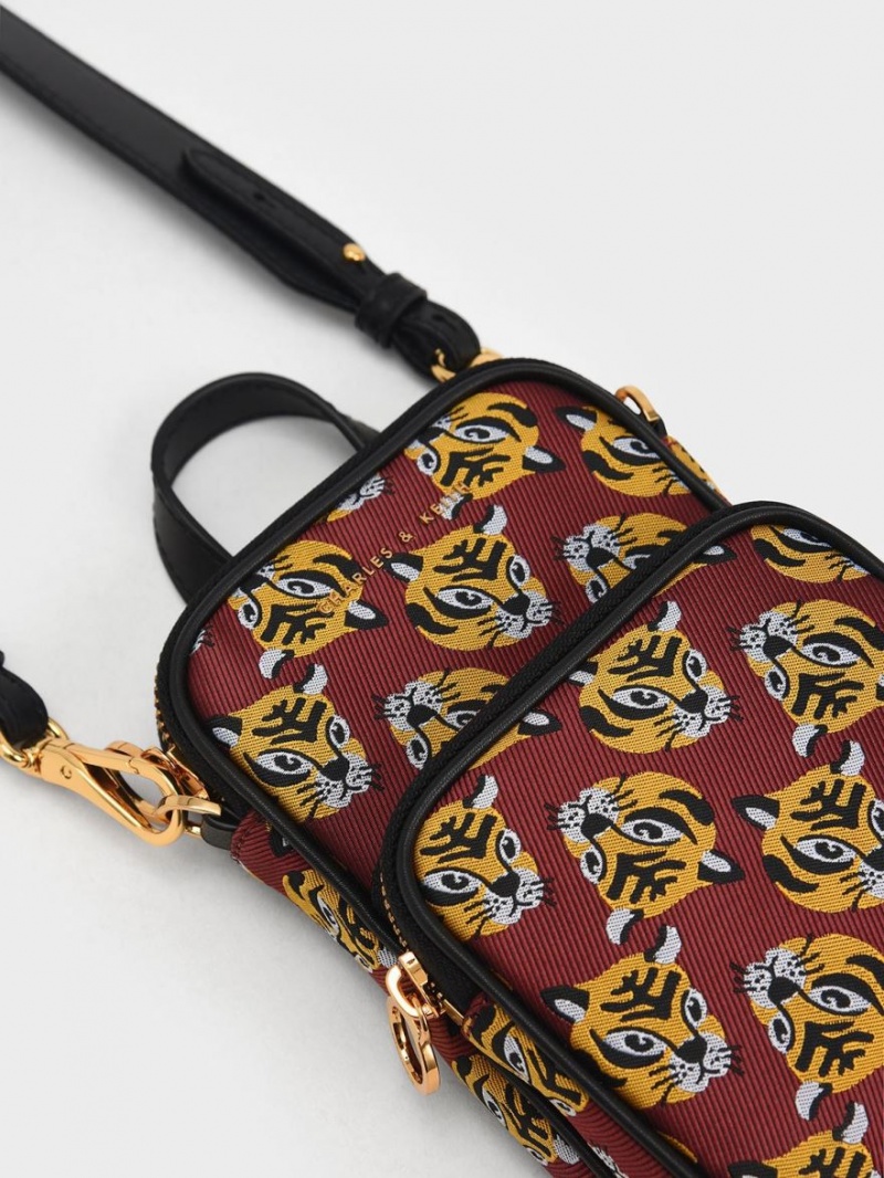 Charles & Keith Tiger Print Jacquard Long Crossbody Veske Rød | EBJCX7159