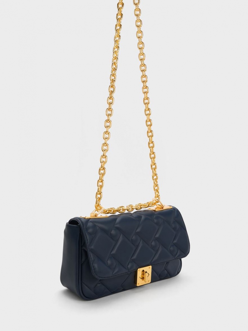 Charles & Keith Tillie Vattert Chain Crossbody Veske Marineblå | UWTQR4701