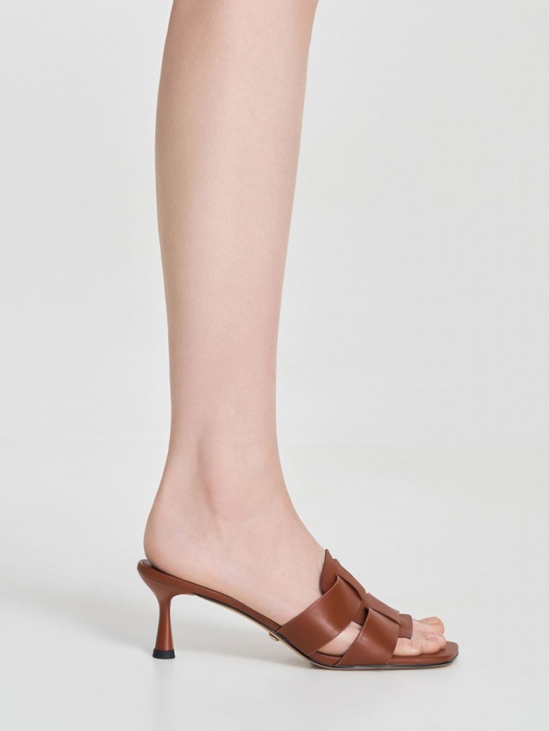 Charles & Keith Trichelle Interwoven Lær Spool Heel Mules Sko Mørke Brune | GMABQ8623