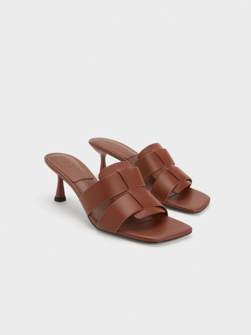 Charles & Keith Trichelle Interwoven Lær Spool Heel Mules Sko Mørke Brune | GMABQ8623