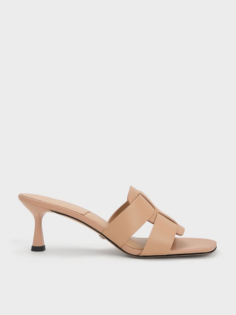 Charles & Keith Trichelle Interwoven Lær Spool Heel Mules Sko Beige | ROYSZ8761