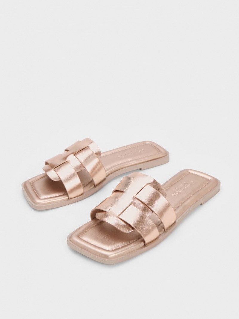 Charles & Keith Trichelle Interwoven Metallic Lær Slidesandaler Gull | NEUWH0952