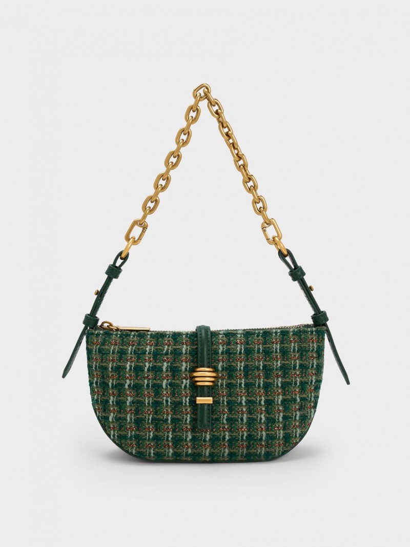 Charles & Keith Trudy Tweed Belted Geometric Skulderveske Mørke Grønn | MPVBG2769